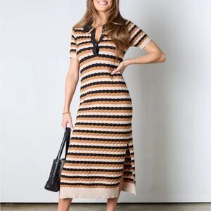 Storia Kassie Black and Tan Striped Midi Knit Dress w Collar Side Slits Small
